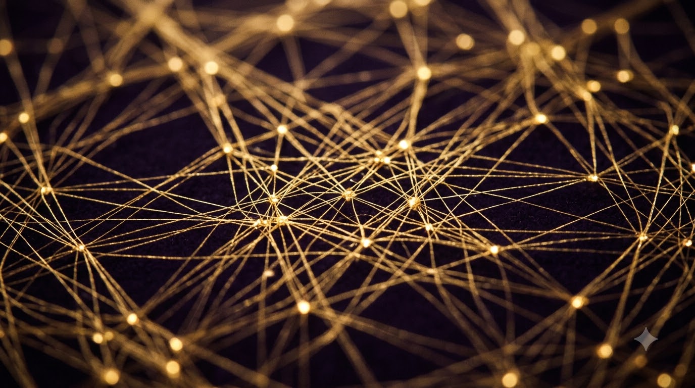 Golden threads of light weaving into a network